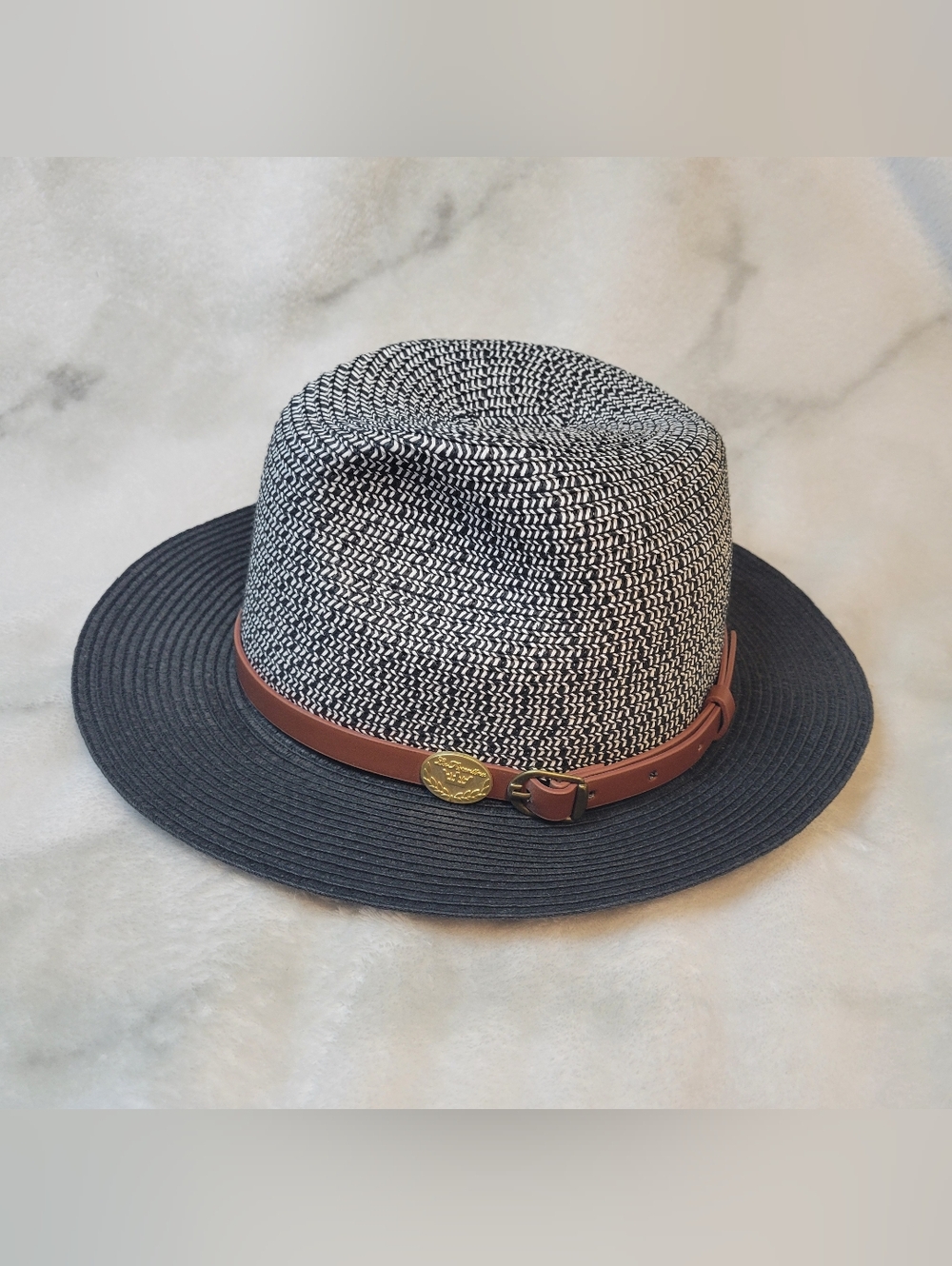 La Fiorentina Black and White Straw Hat with Brown Leather Strap